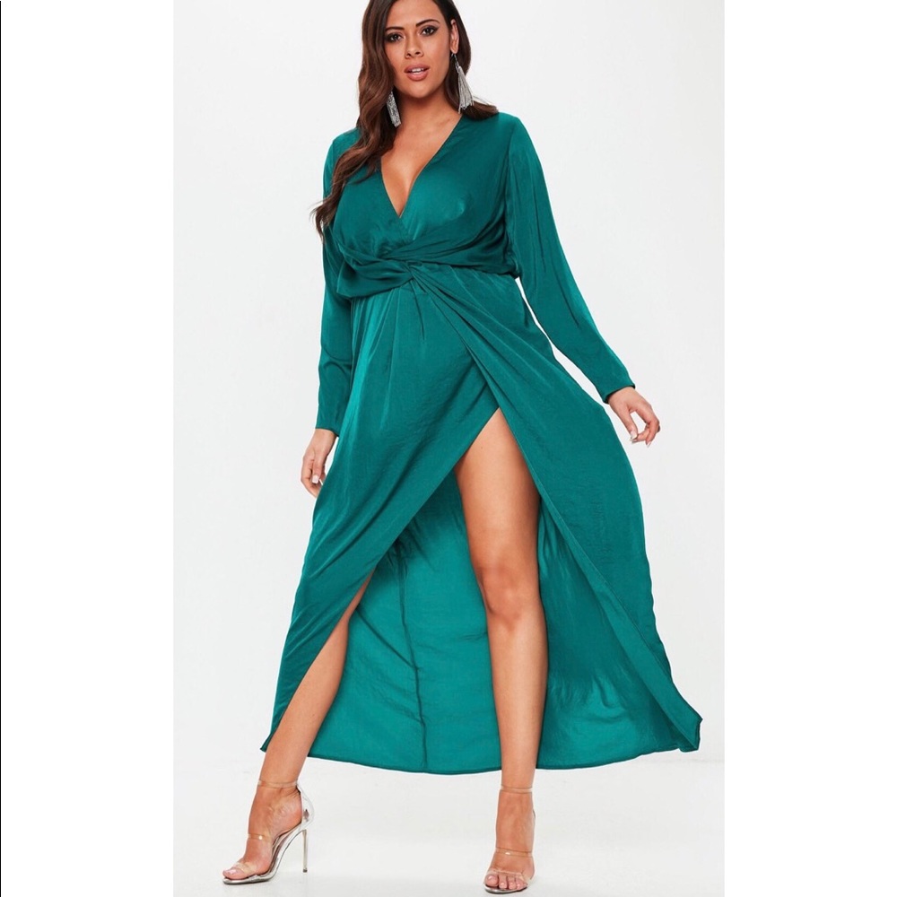 Misguided plus teal wrap knot front maxi dress